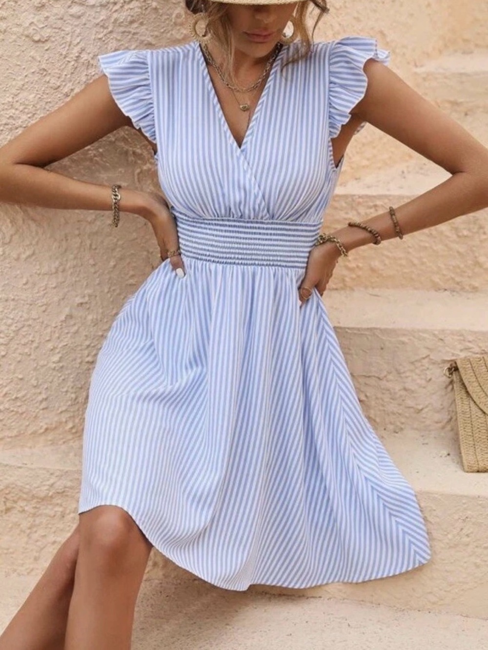 SHEIN Flora Isola Striped Ruffle Trim Mini Dress in Blue / White Size Medium